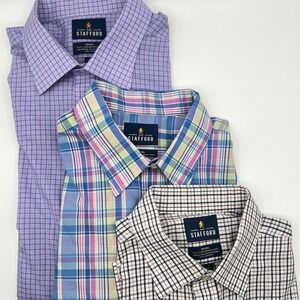 Stafford Mens Regular Fit Travel Dress Shirts 17.5 34/35 Checkered Lot of 3 0530